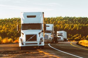 Multiple white Volvo Semi-trucks on the side of road